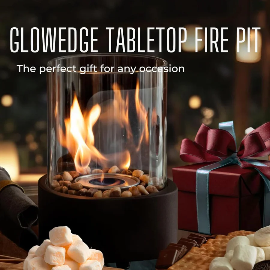 Tabletop Ethanol Fireplace with Glass Cylinder and Decorative Stones