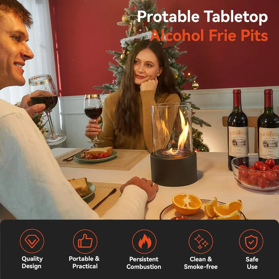 Tabletop Ethanol Fireplace with Glass Cylinder and Decorative Stones