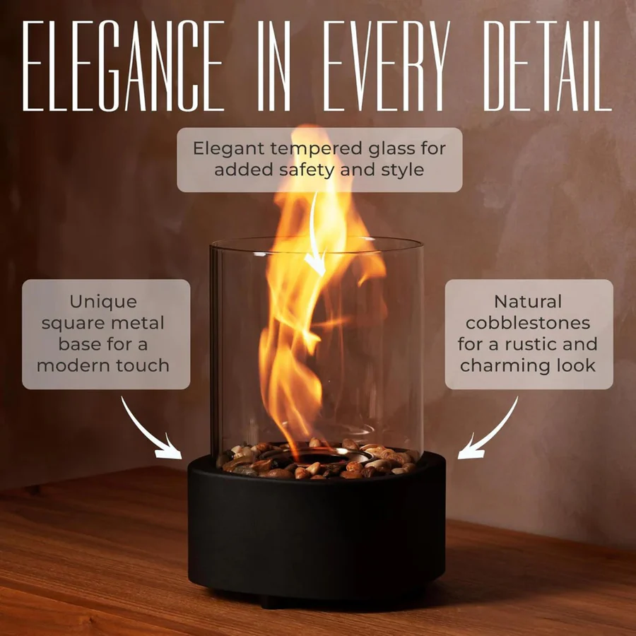 Tabletop Ethanol Fireplace with Glass Cylinder and Decorative Stones
