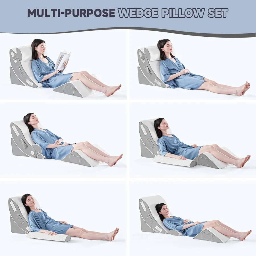 Four Piece Memory Foam Bed Wedge Pillow Set with Hook and Loop Connections and a Washable Plush Cover
