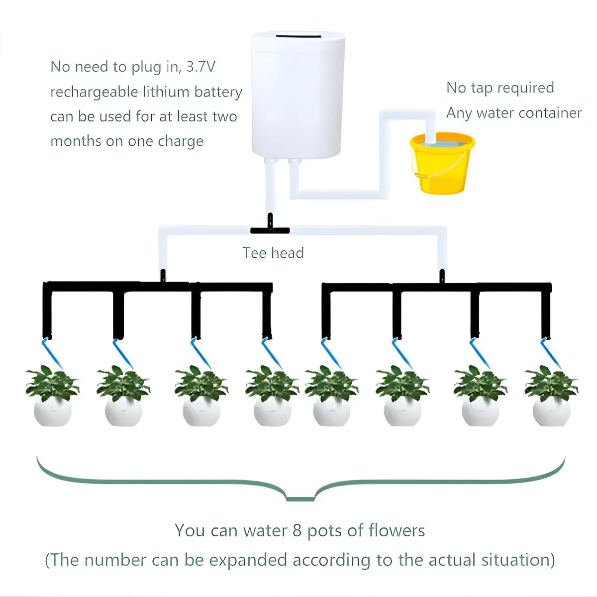 Plant Watering System with LCD Timer and USB Rechargeable Battery for 2-8 Pots