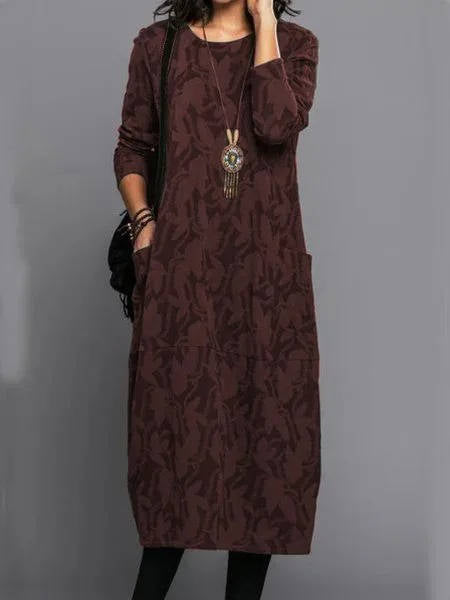 Dress with Long Sleeves and Deep Side Pockets, Floral Cotton Blend