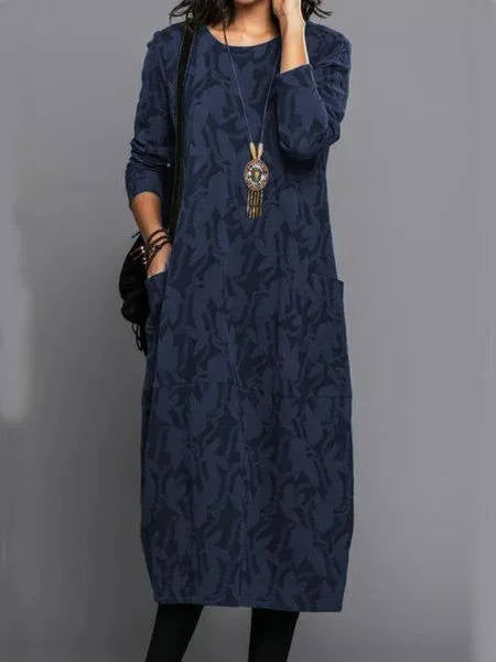 Dress with Long Sleeves and Deep Side Pockets, Floral Cotton Blend