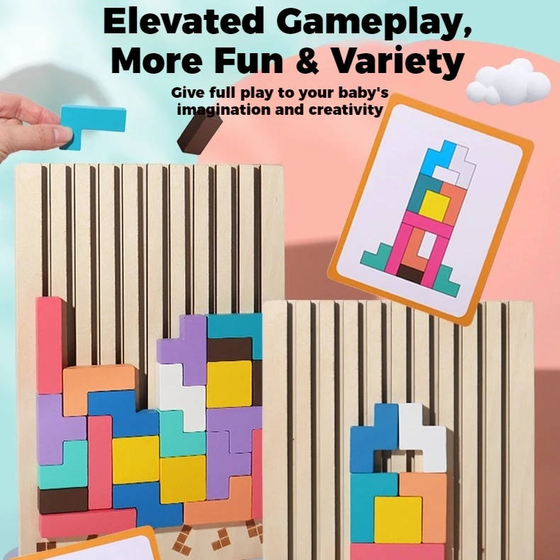Wooden Block Puzzle with 42 Pieces and 10 Puzzle Cards for Kids