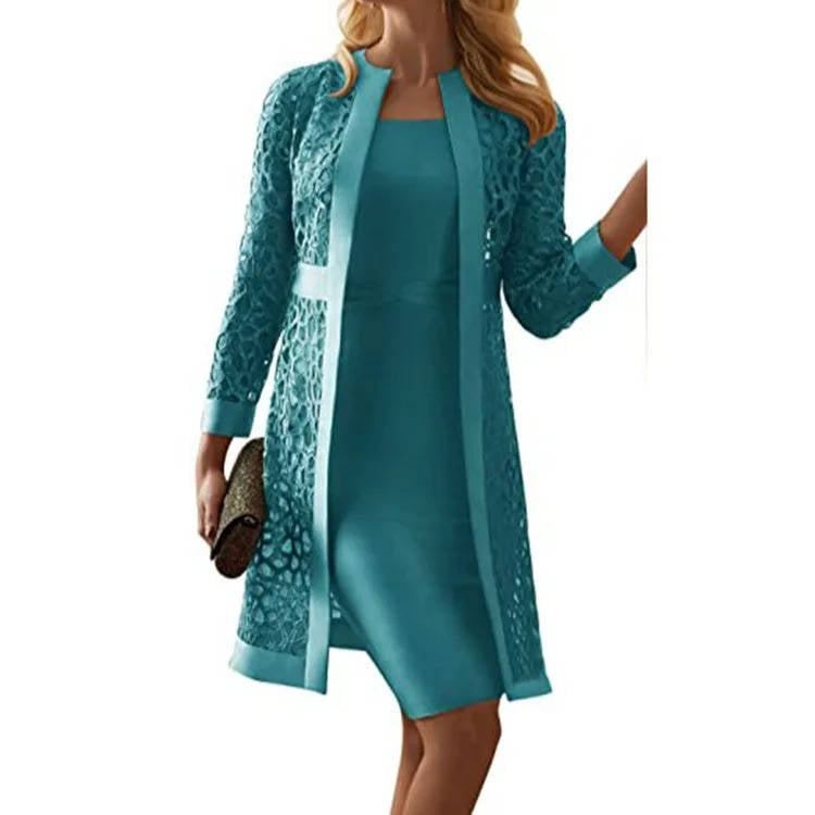 Two Piece Knee Length Dress and Floral Lace Jacket Set for Weddings and Formal Events
