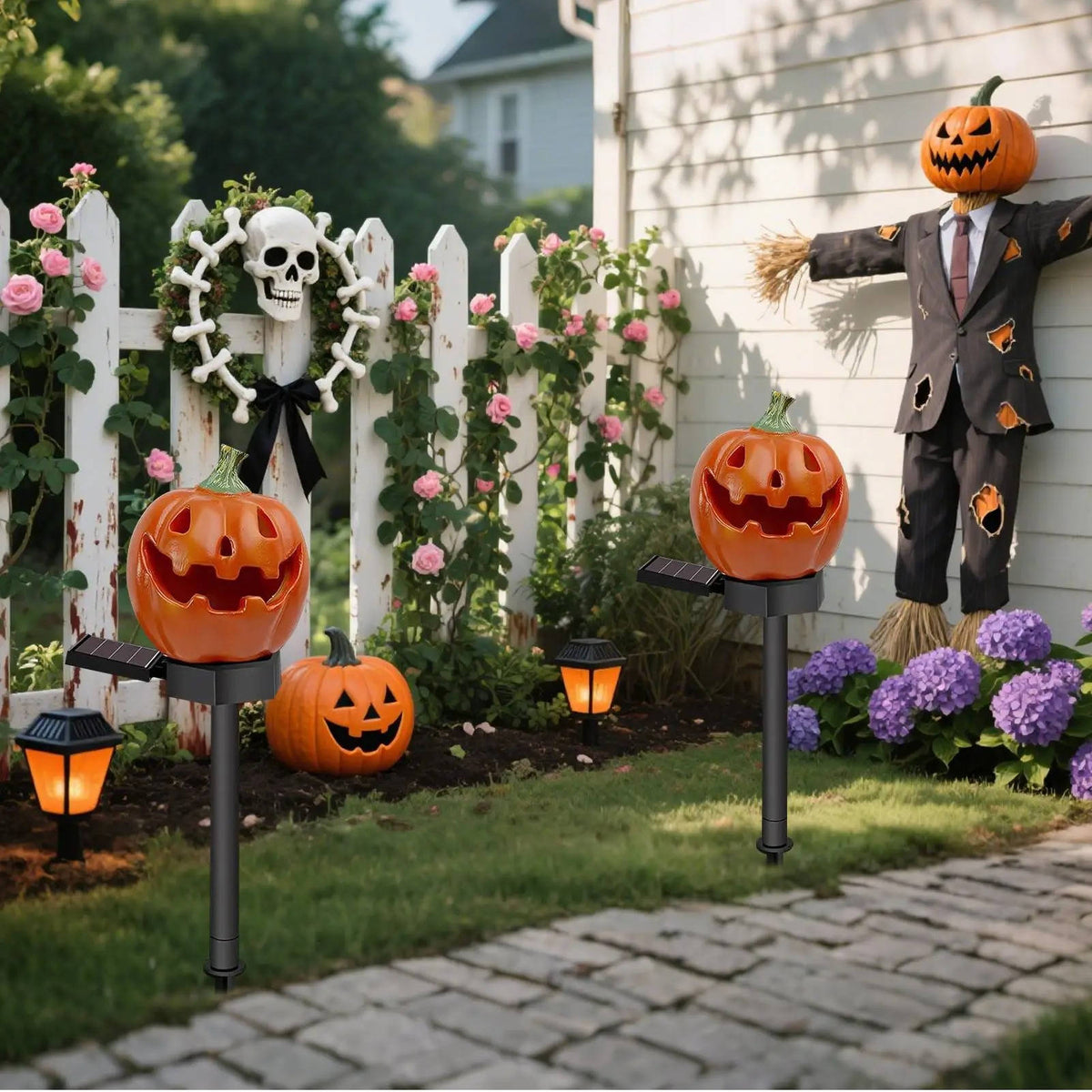 Solar Pumpkin Pathway Lights with Warm White LED and Auto Dusk Sensor