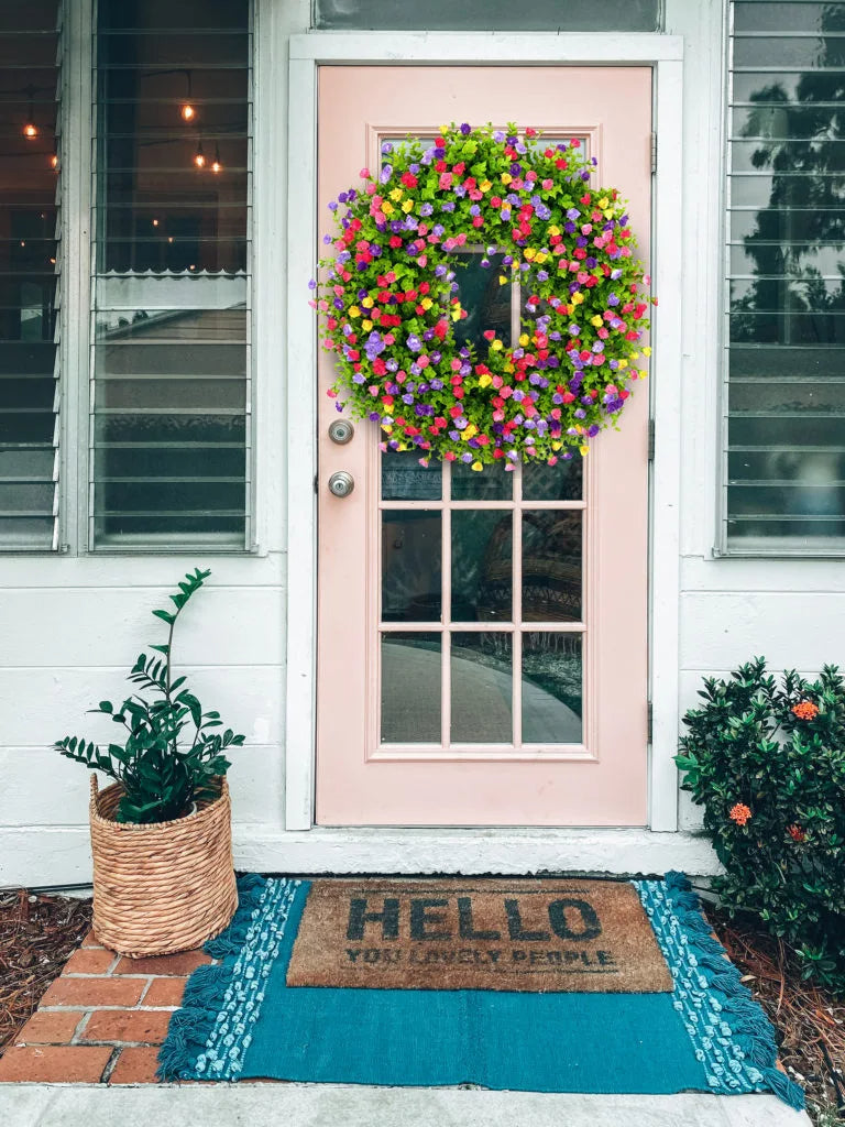 Wildflower Spring Wreath with Eucalyptus Leaves and Built-in Hanging Loop
