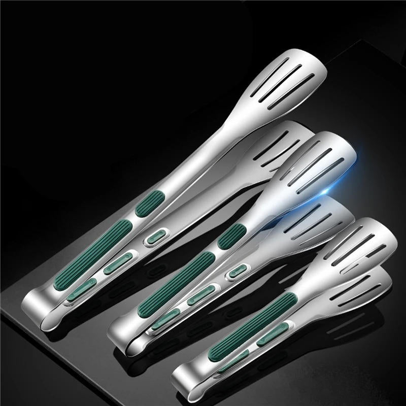 Stainless Steel Kitchen Tongs with Scalloped Tips and Spring-Loaded Mechanism