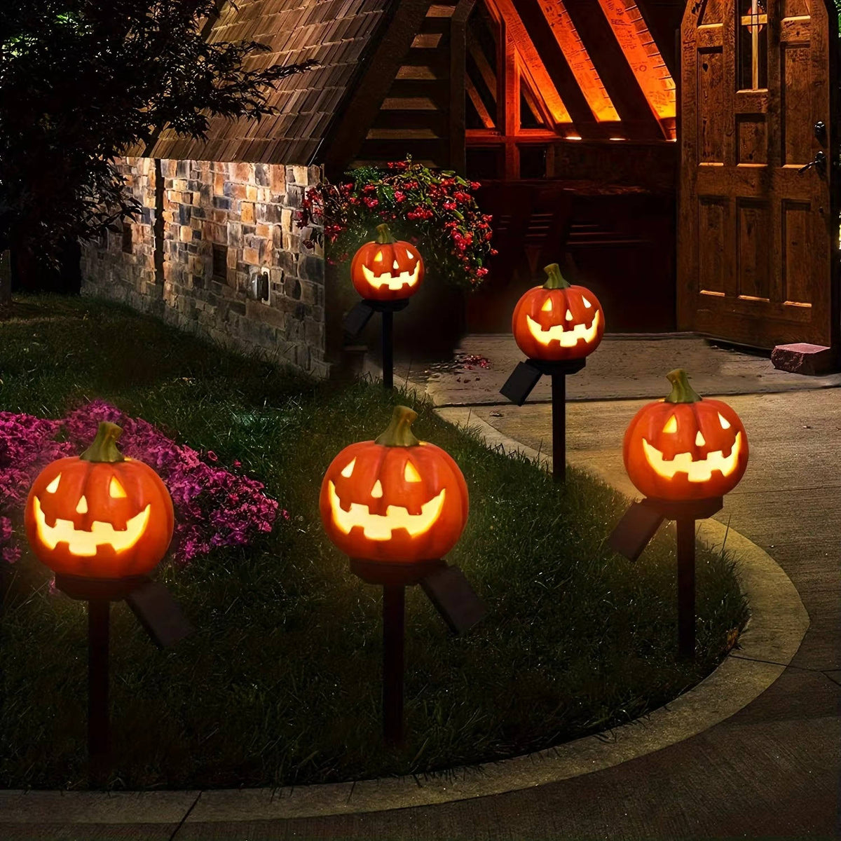 Solar Pumpkin Pathway Lights with Warm White LED and Auto Dusk Sensor