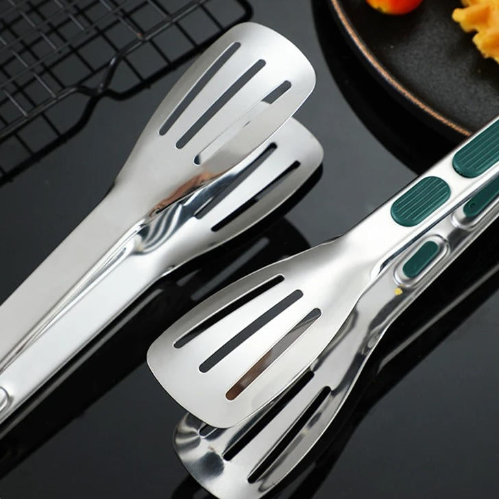 Stainless Steel Kitchen Tongs with Scalloped Tips and Spring-Loaded Mechanism