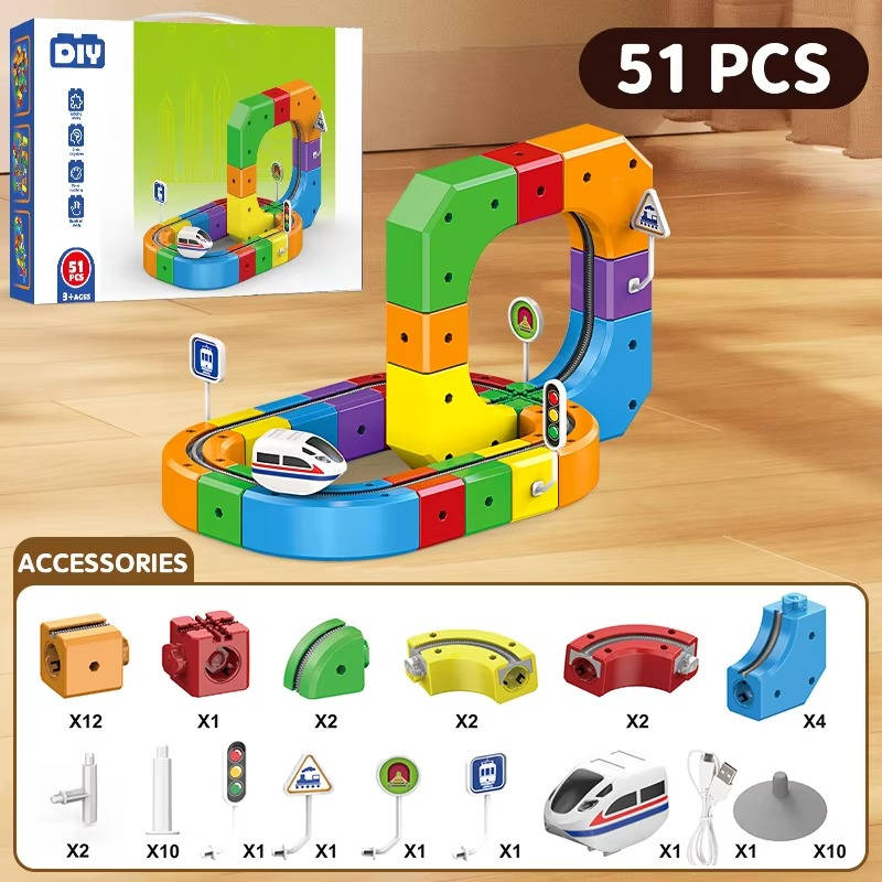 Motorized Train Set with Magnetic Track Cubes and Flexible Bendy Sections, USB Rechargeable