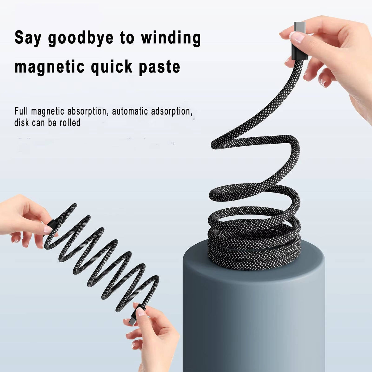 Self-Coiling Magnetic Charging Cable with Braided Fabric and Dual Port Tips
