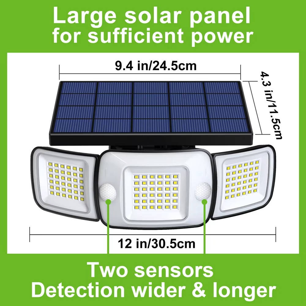 Outdoor Solar Flood Light with Dual Motion Sensors and Three Adjustable Heads