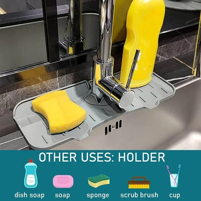 Silicone Sink Splash Mat with Drain Grooves and Storage Space