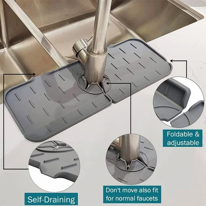 Silicone Sink Splash Mat with Drain Grooves and Storage Space