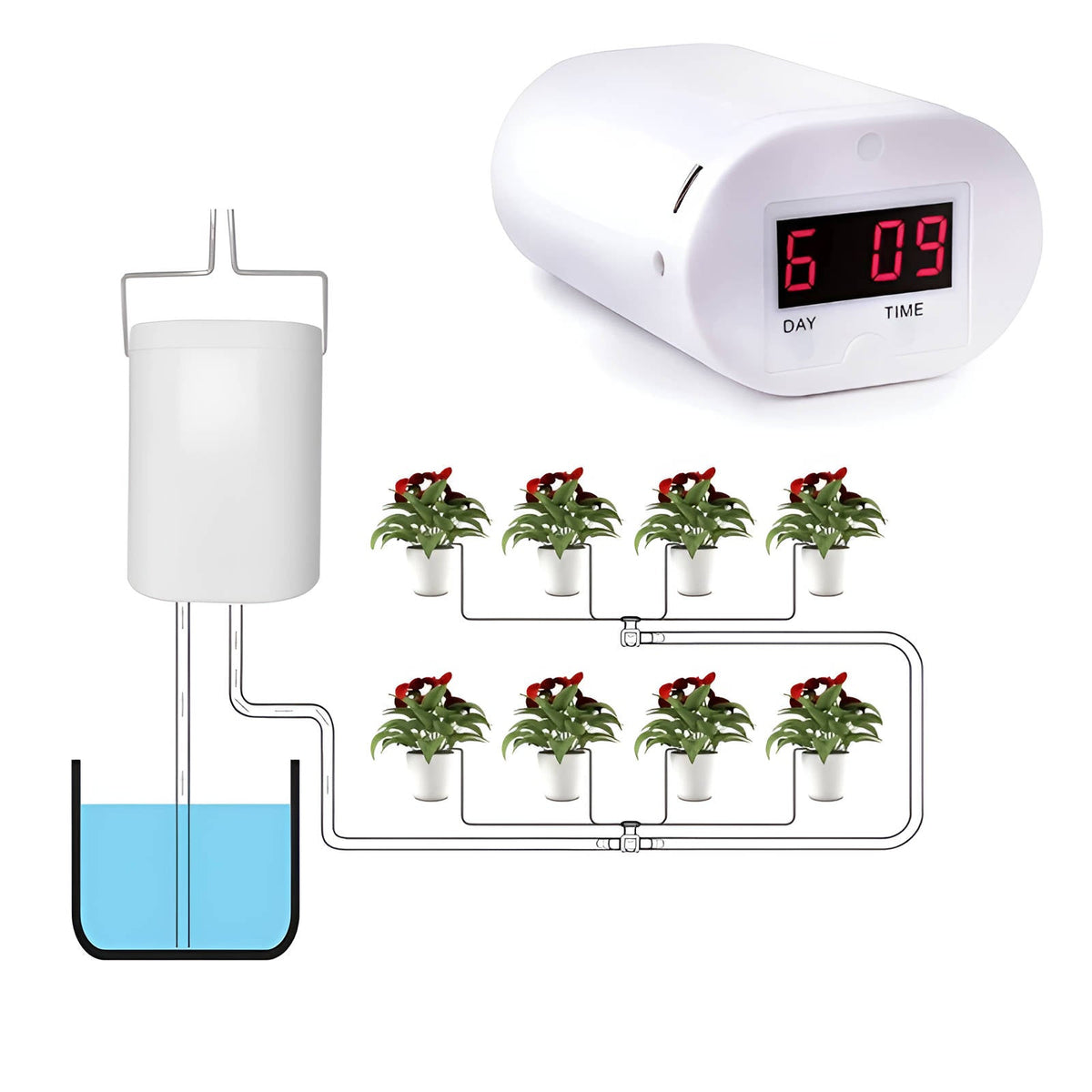 Plant Watering System with LCD Timer and USB Rechargeable Battery for 2-8 Pots