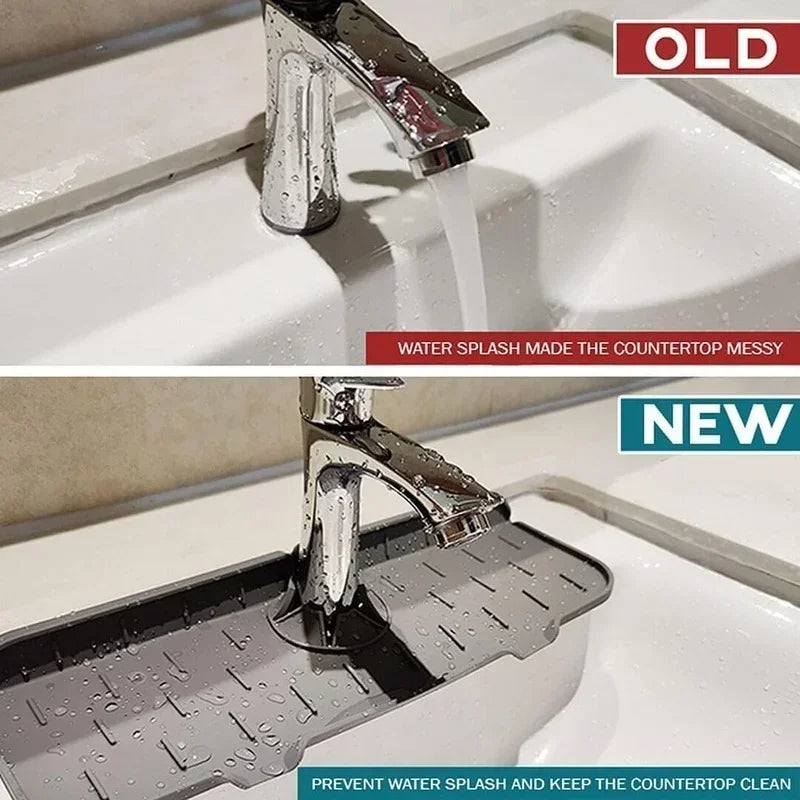 Silicone Sink Splash Mat with Drain Grooves and Storage Space