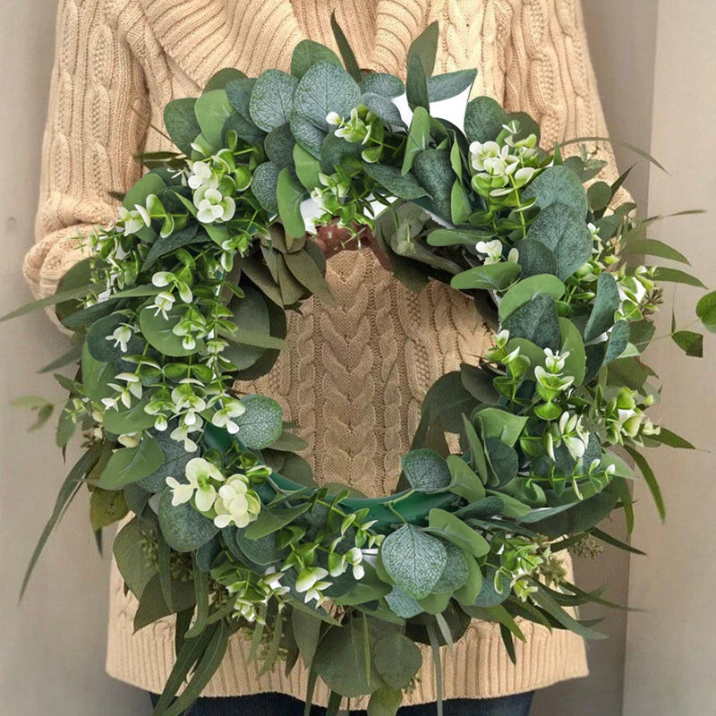 Artificial Eucalyptus Wreath with White Berries and Rattan Base