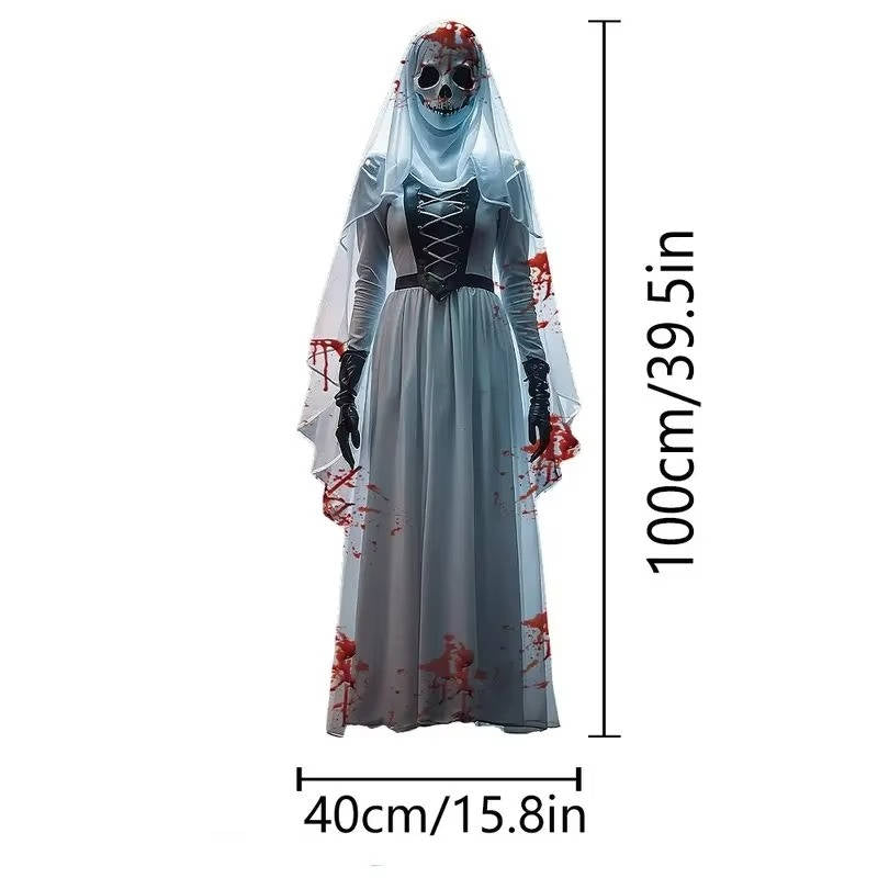 Skull Faced Bride Hanging Decoration with Weather Resistant Fabric and Hooks, 39.5in