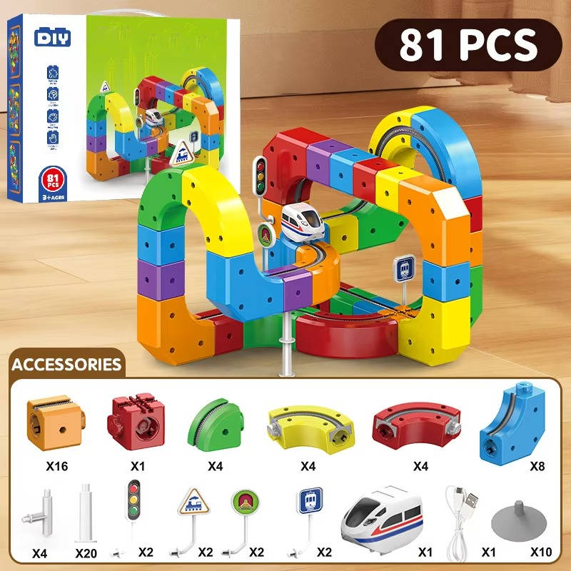 Motorized Train Set with Magnetic Track Cubes and Flexible Bendy Sections, USB Rechargeable