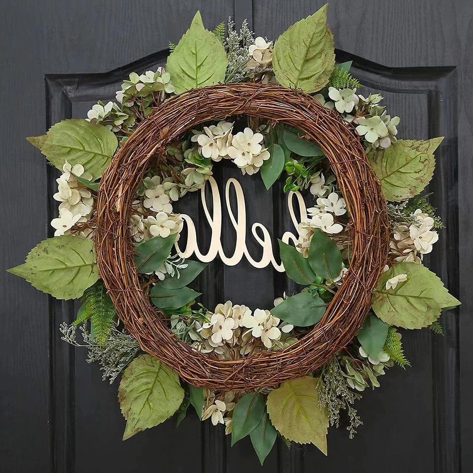 Silk Hydrangea Wreath with Hello Sign and White Berry Accents