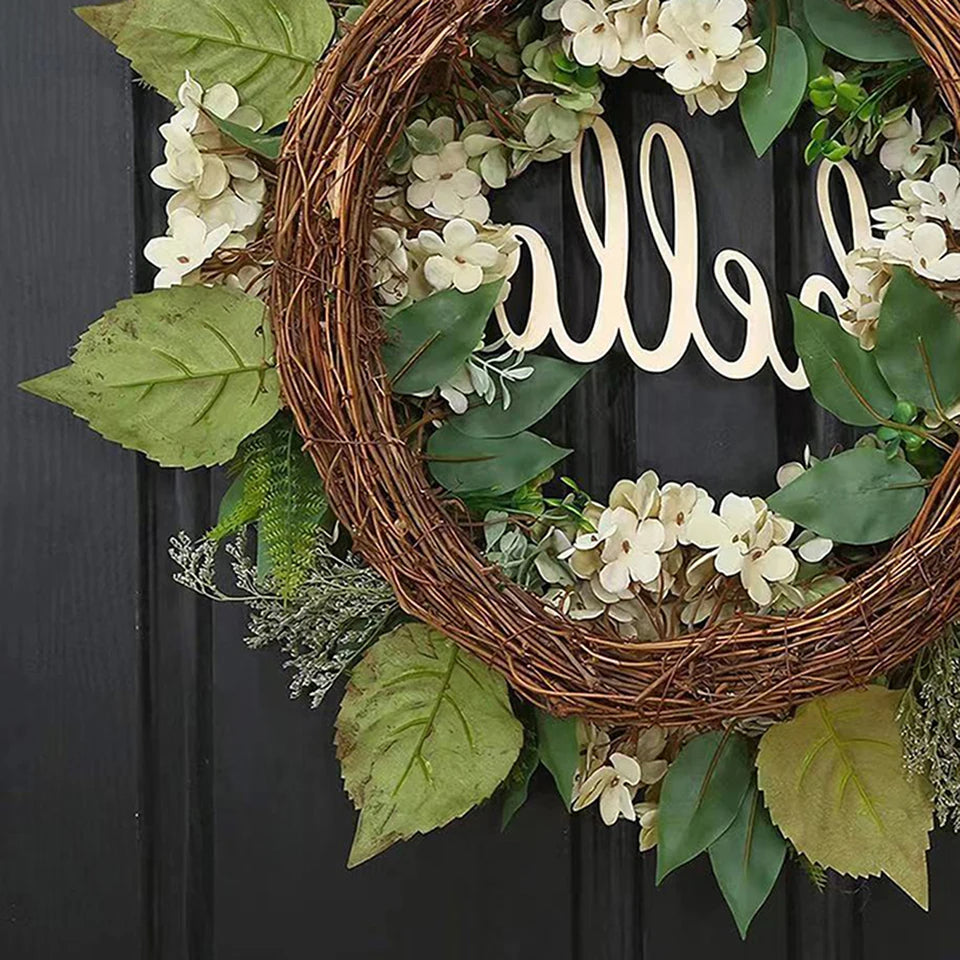 Silk Hydrangea Wreath with Hello Sign and White Berry Accents