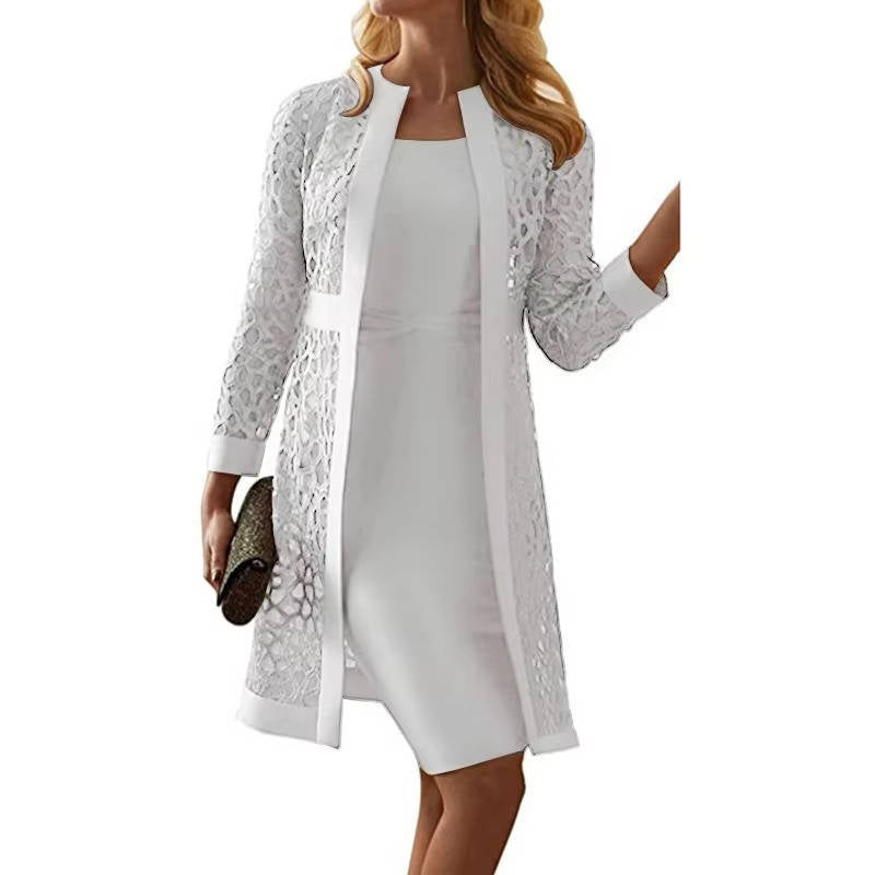 Two Piece Knee Length Dress and Floral Lace Jacket Set for Weddings and Formal Events
