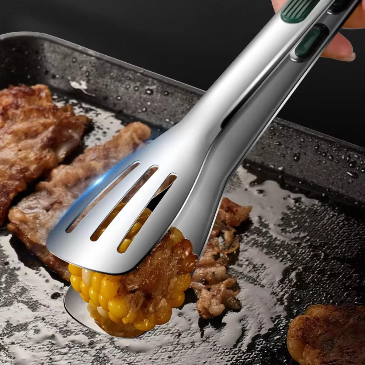 Stainless Steel Kitchen Tongs with Scalloped Tips and Spring-Loaded Mechanism