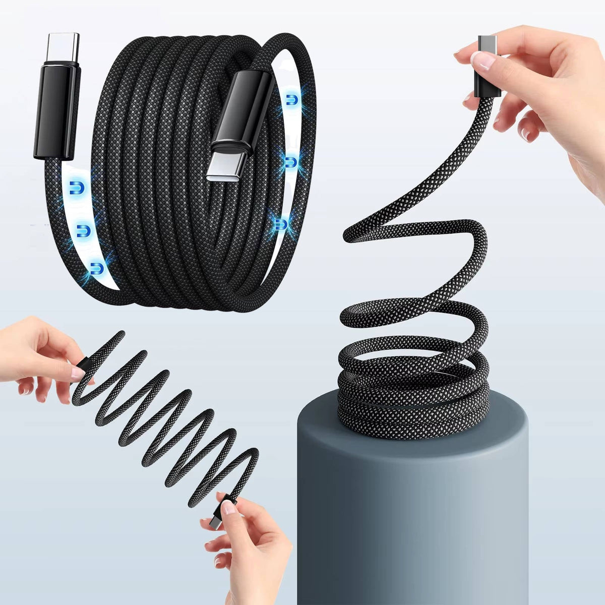 Self-Coiling Magnetic Charging Cable with Braided Fabric and Dual Port Tips
