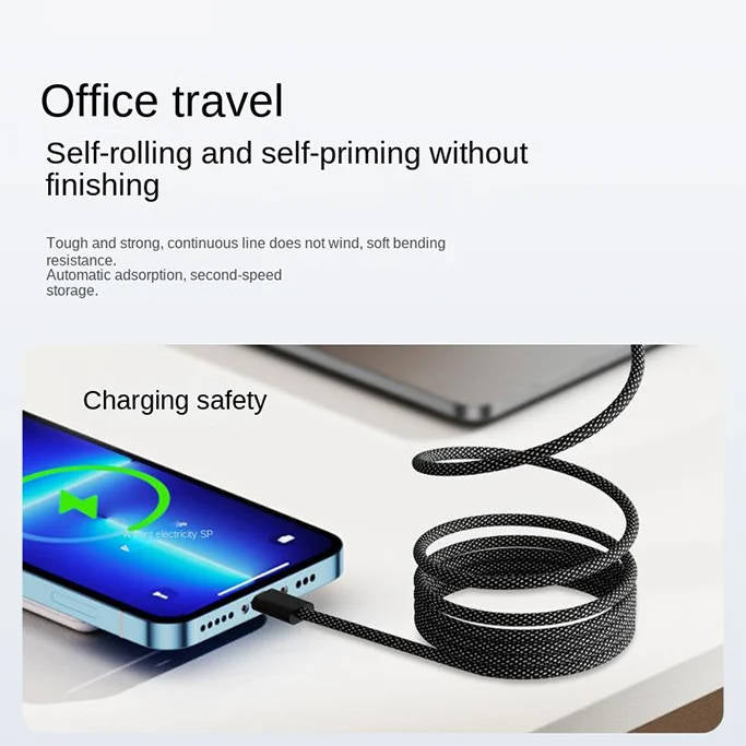 Self-Coiling Magnetic Charging Cable with Braided Fabric and Dual Port Tips