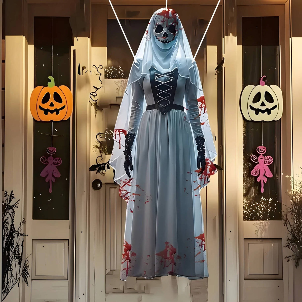 Skull Faced Bride Hanging Decoration with Weather Resistant Fabric and Hooks, 39.5in