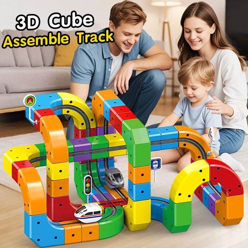 Motorized Train Set with Magnetic Track Cubes and Flexible Bendy Sections, USB Rechargeable