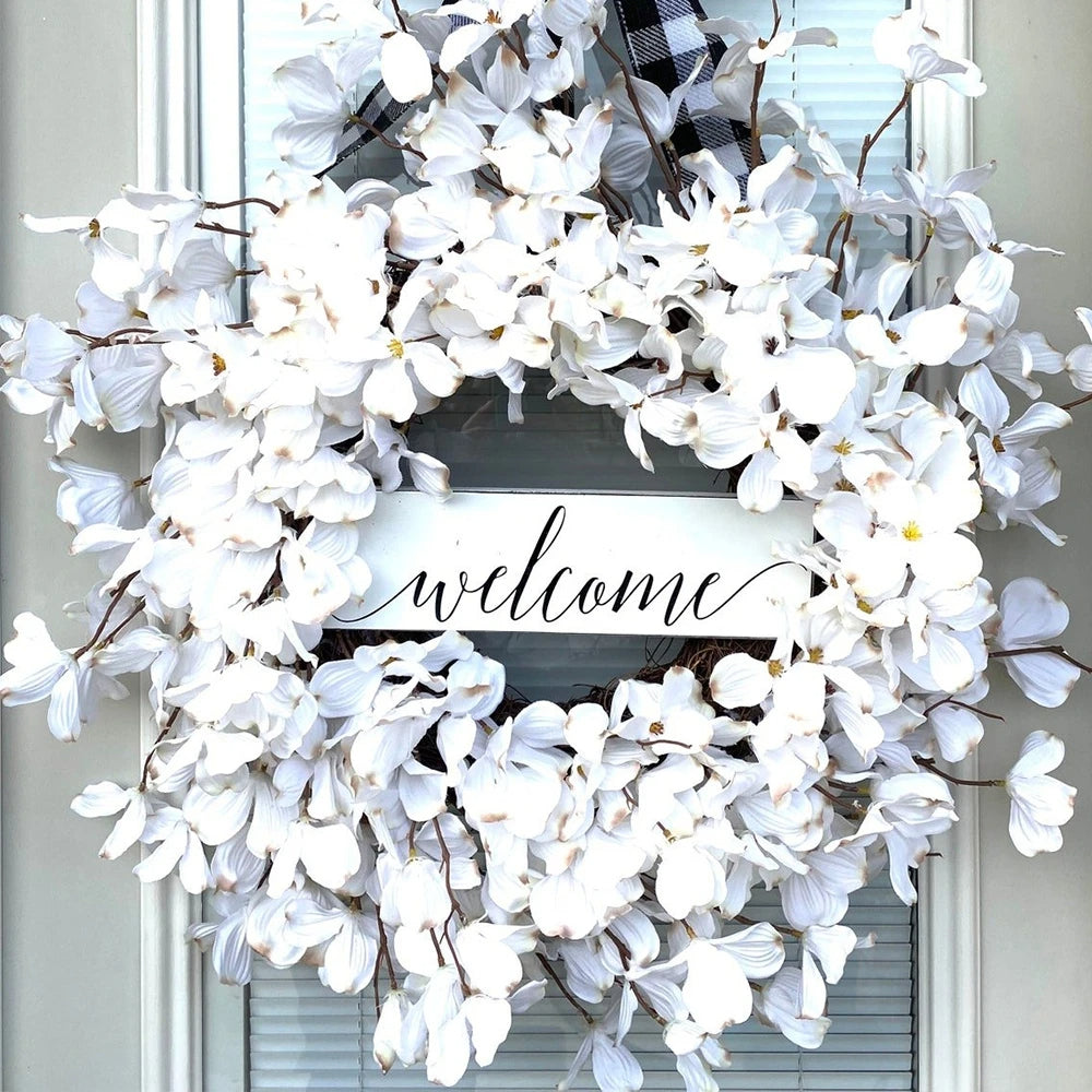 Artificial Dogwood Wreath with White Blossoms and Rattan Base
