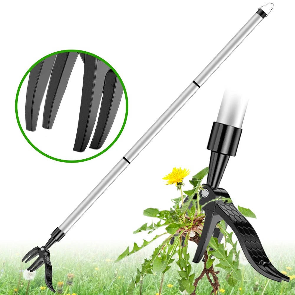 Weed Puller with Foot Pedal Activation and Four Steel Claws, Bamboo Handle