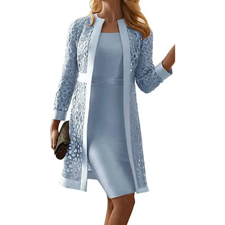 Two Piece Knee Length Dress and Floral Lace Jacket Set for Weddings and Formal Events