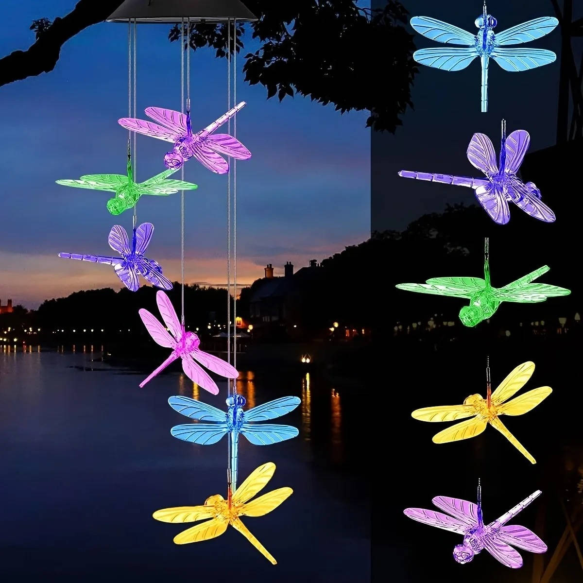 Solar Powered Wind Chimes with Six Rotating Colors and Automatic Dusk Sensor