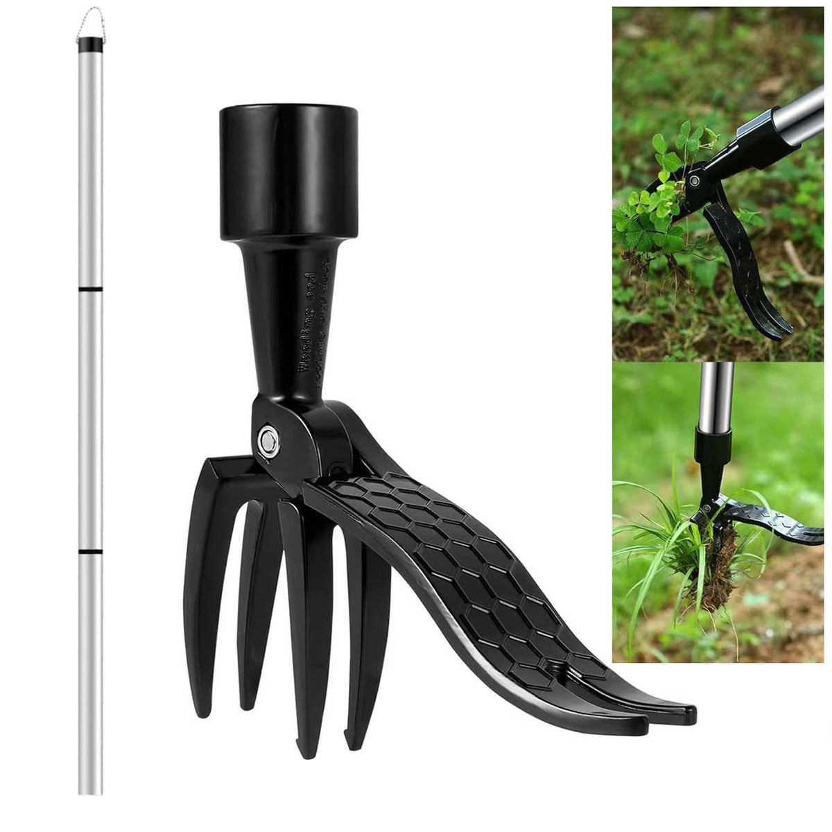 Weed Puller with Foot Pedal Activation and Four Steel Claws, Bamboo Handle