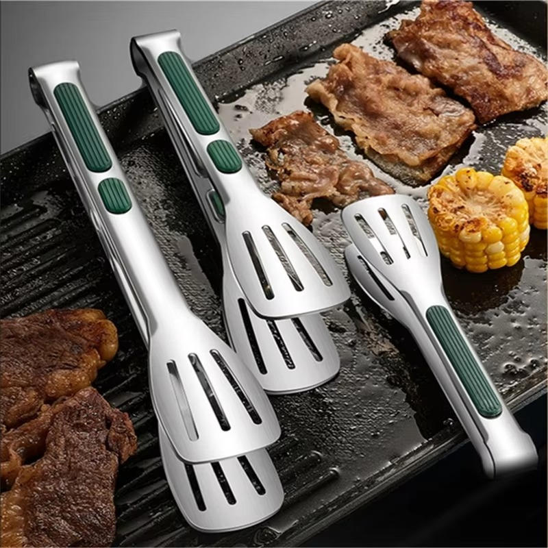 Stainless Steel Kitchen Tongs with Scalloped Tips and Spring-Loaded Mechanism