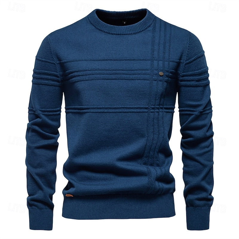 Mens Textured Crewneck Sweater with Subtle Woven Lines and a Tailored Fit in Five Colors