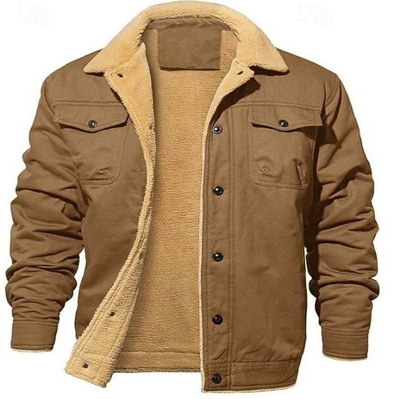 Plush Lined Trucker Jacket with Fold Down Collar and Four Pockets
