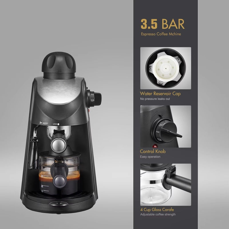 Compact Steam Espresso Machine with Built in Steam Wand and Removable Portafilter in Black Or Red