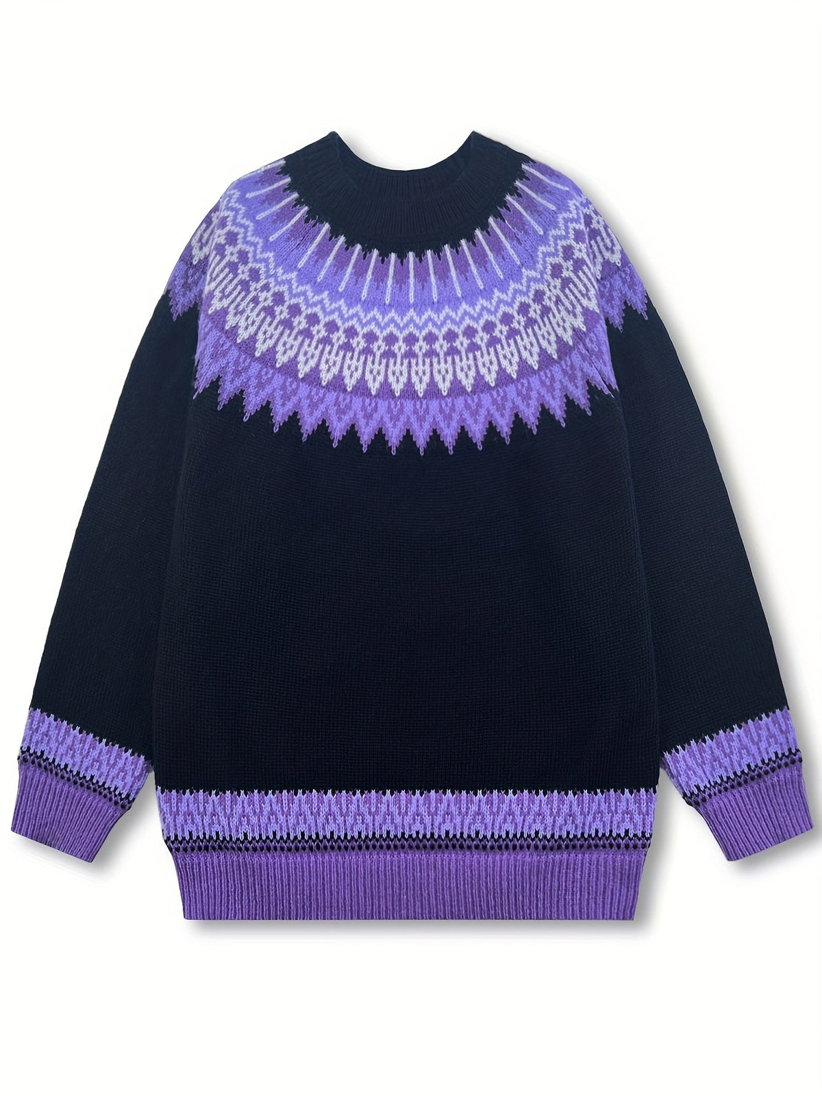 Womens Chunky Jacquard Round Neck Sweater with a Nature Inspired Pattern in Eight Colors