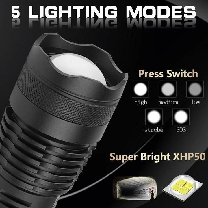 Rechargeable Flashlight with Telescopic Zoom and 90000 Lumen Output for Outdoor Camping