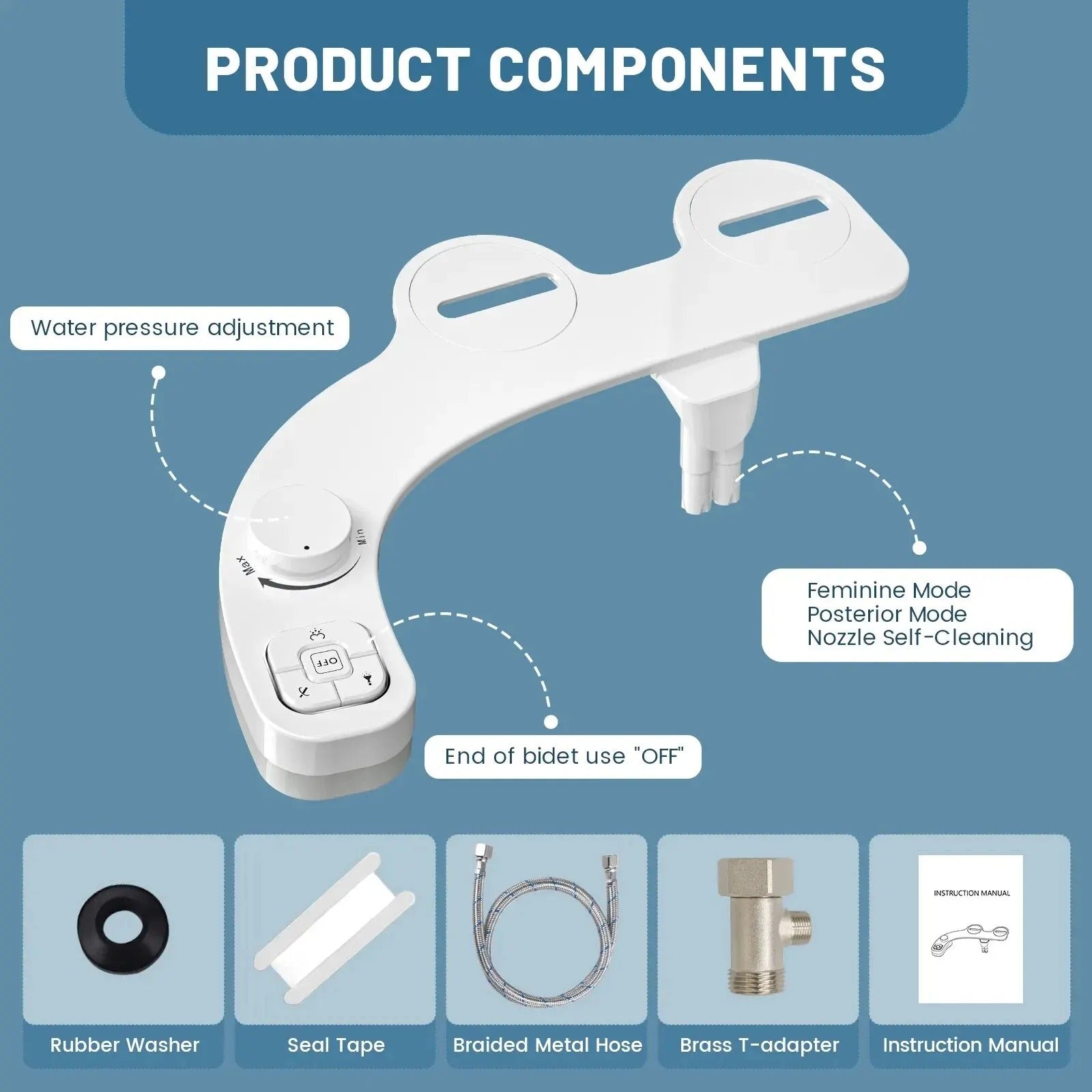 Dual Nozzle Bidet Attachment with Adjustable Pressure and Self-Cleaning System