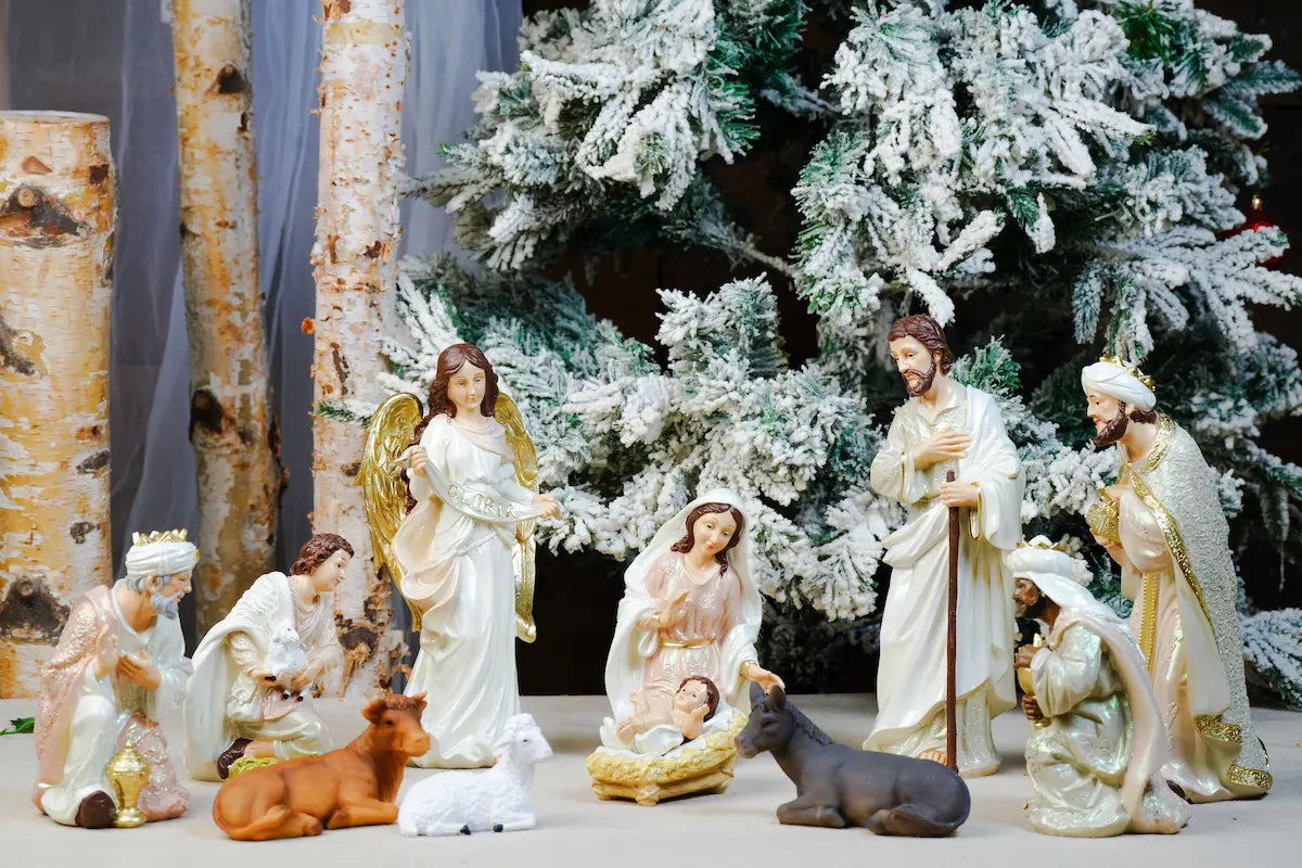 Eleven Piece Blush Pink and Ivory Nativity Set with a Gloria Banner Angel and a Pearlized Finish in Three Sizes