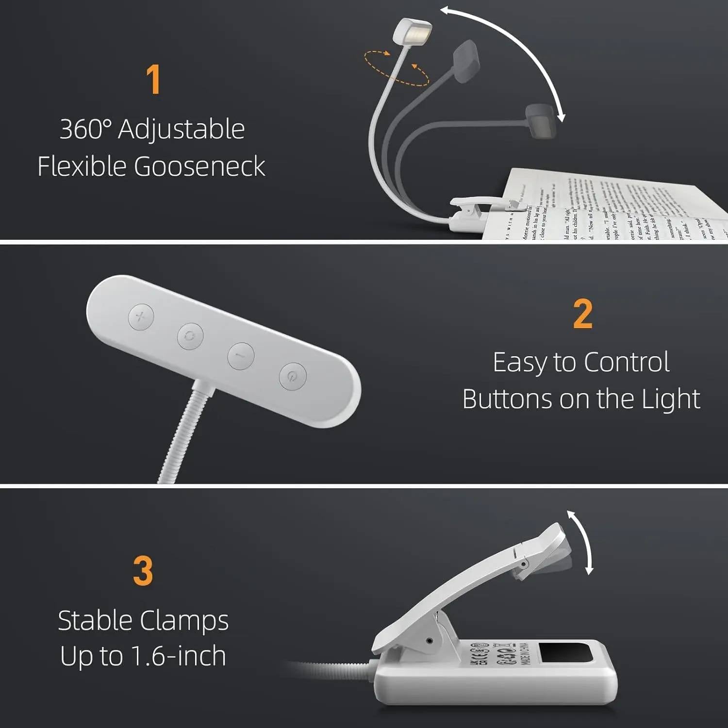 LED Reading Light with 19 Bead Array and Adjustable Gooseneck Clip, 3 Color Modes
