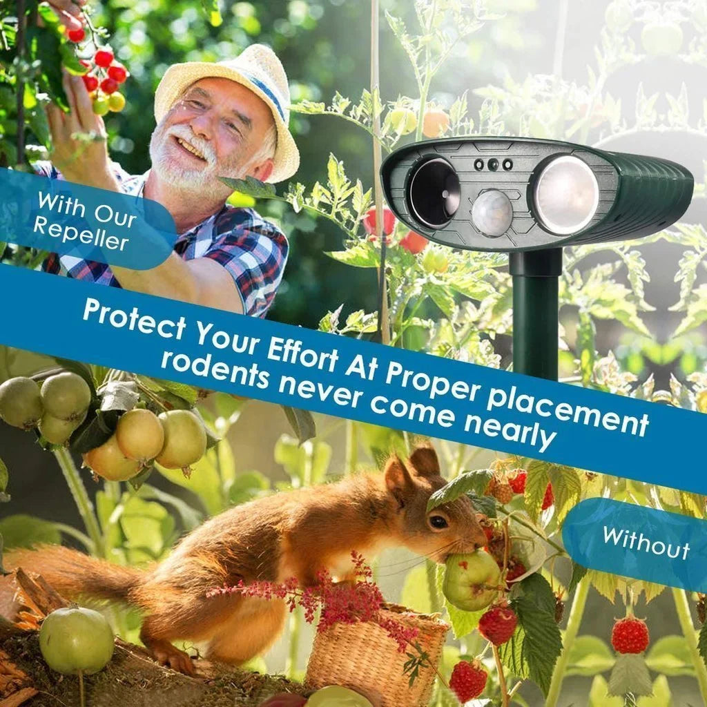 Solar Motion-Activated Animal Repeller with Dual Ultrasonic Speakers and LED Flash, 4-Pack