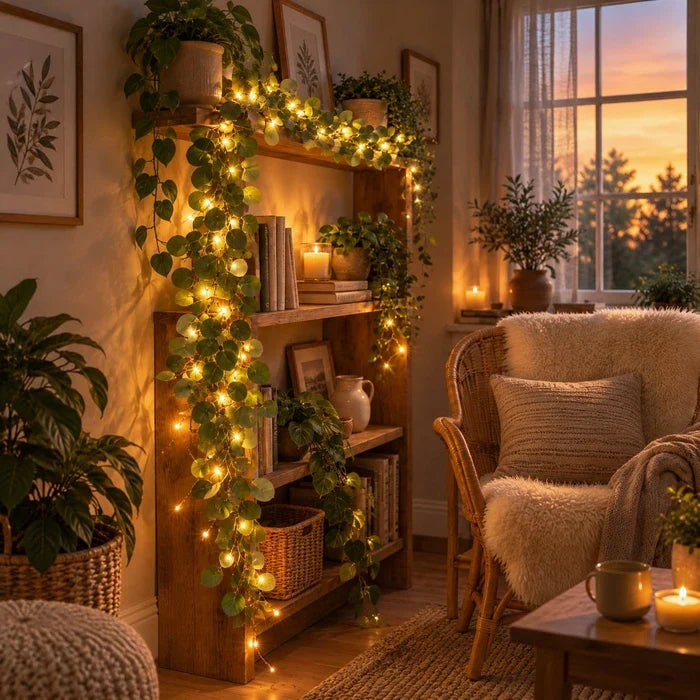 Light Up Olive Vine with Fairy Lights Among Leaves for Mantels Shelves and Mirrors
