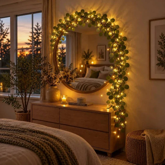 Light Up Olive Vine with Fairy Lights Among Leaves for Mantels Shelves and Mirrors