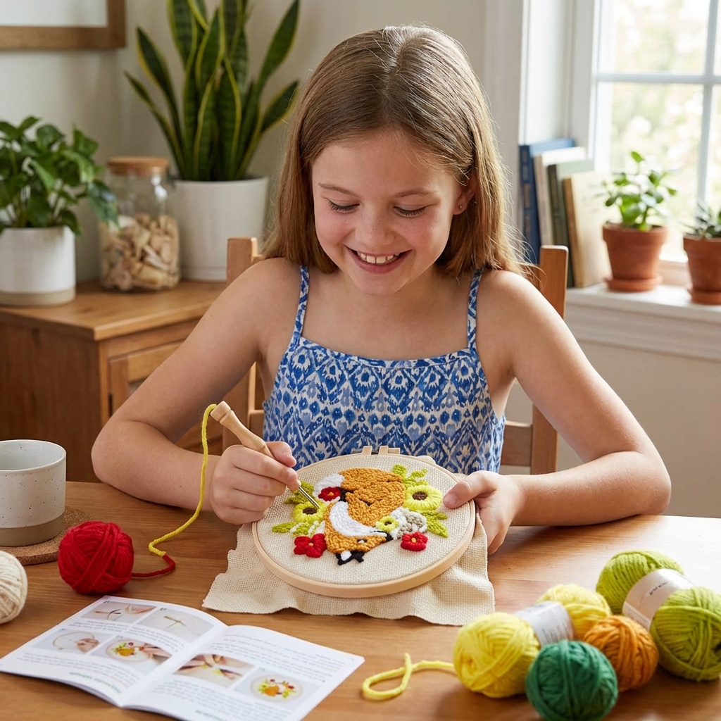 Punch Needle Embroidery Kit with Pre-Printed Fabric and Sorted Yarn for Beginners